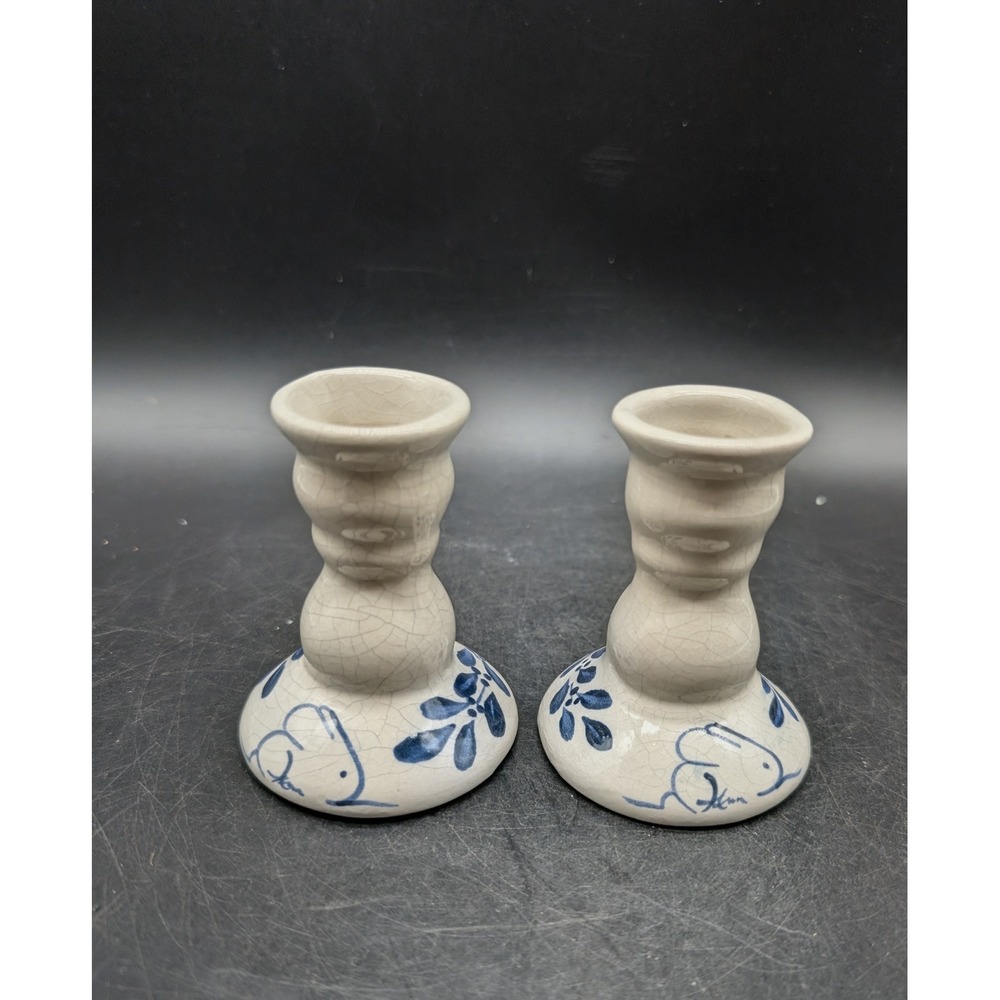The Potting Shed Dedham Pottery Blue Rabbit Crackle Candle Holders Set 2 3"